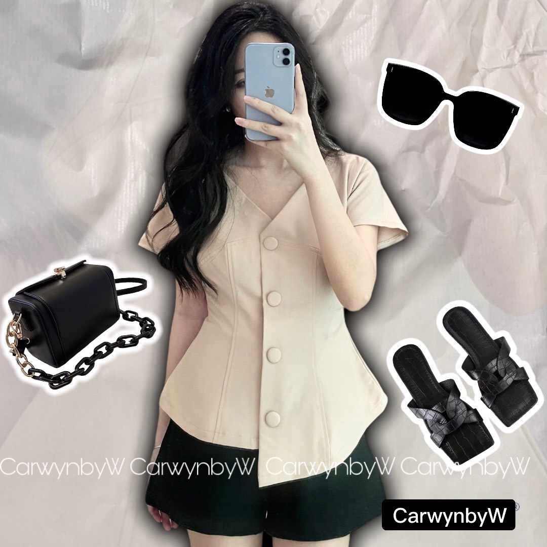 CarwynbyW - Áo Thiết Kế Cổ V Nút Bọc (Adela Top)
