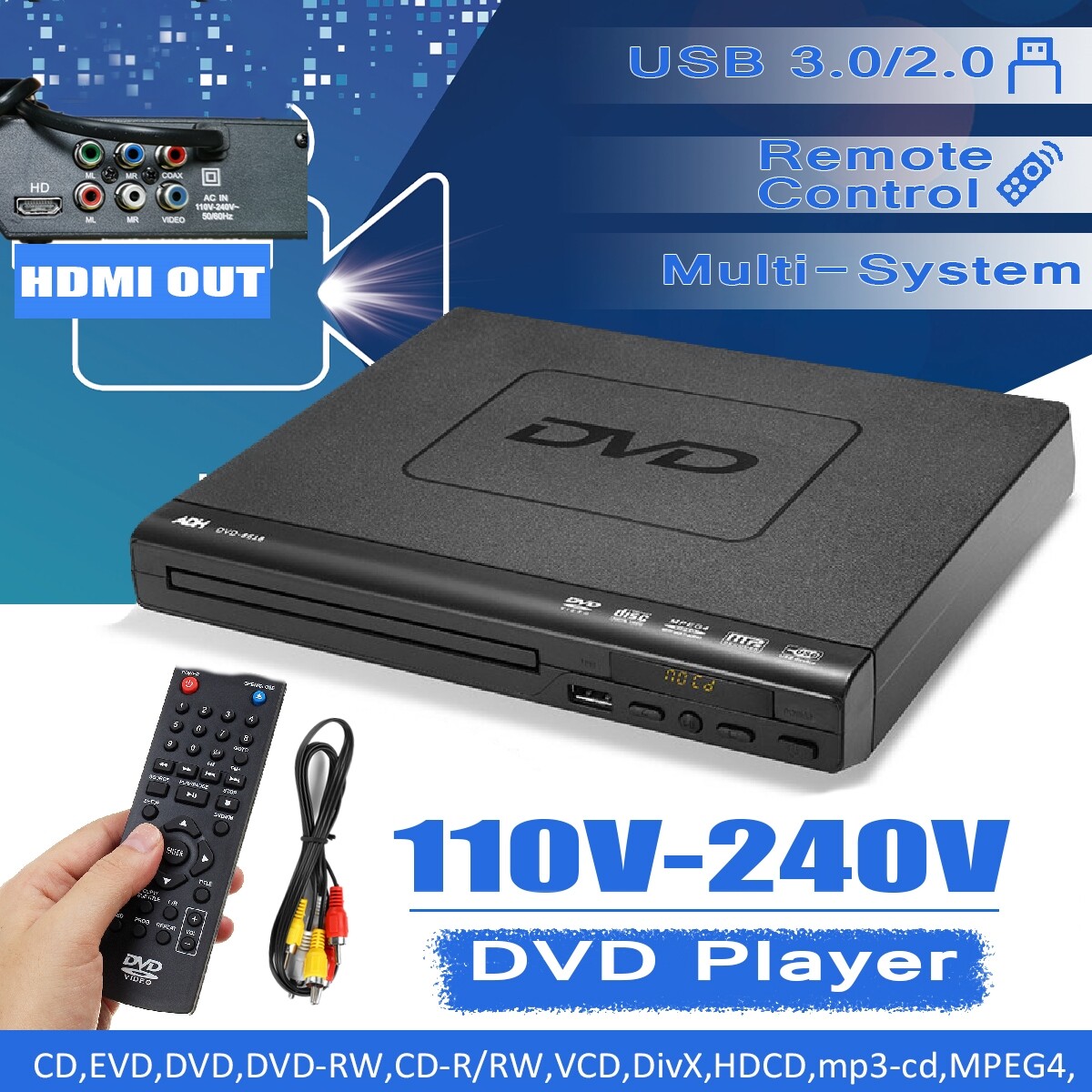 1080P HD 15W LCD DVD Player Compact Multi Region Video HDMI MP4 MP3 CD USB Controller DVD Player with HDMI Port