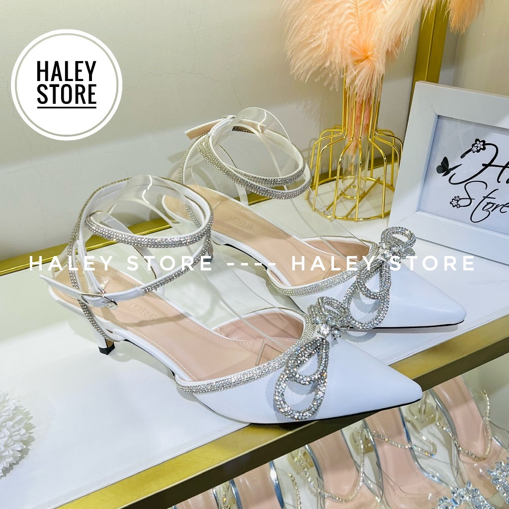 Giày cưới HALEY STORE nơ xoàn kim tuyến 9cm gót nhọn sang chảnh tiểu thư cô dâu tiệc cưới bền đẹp