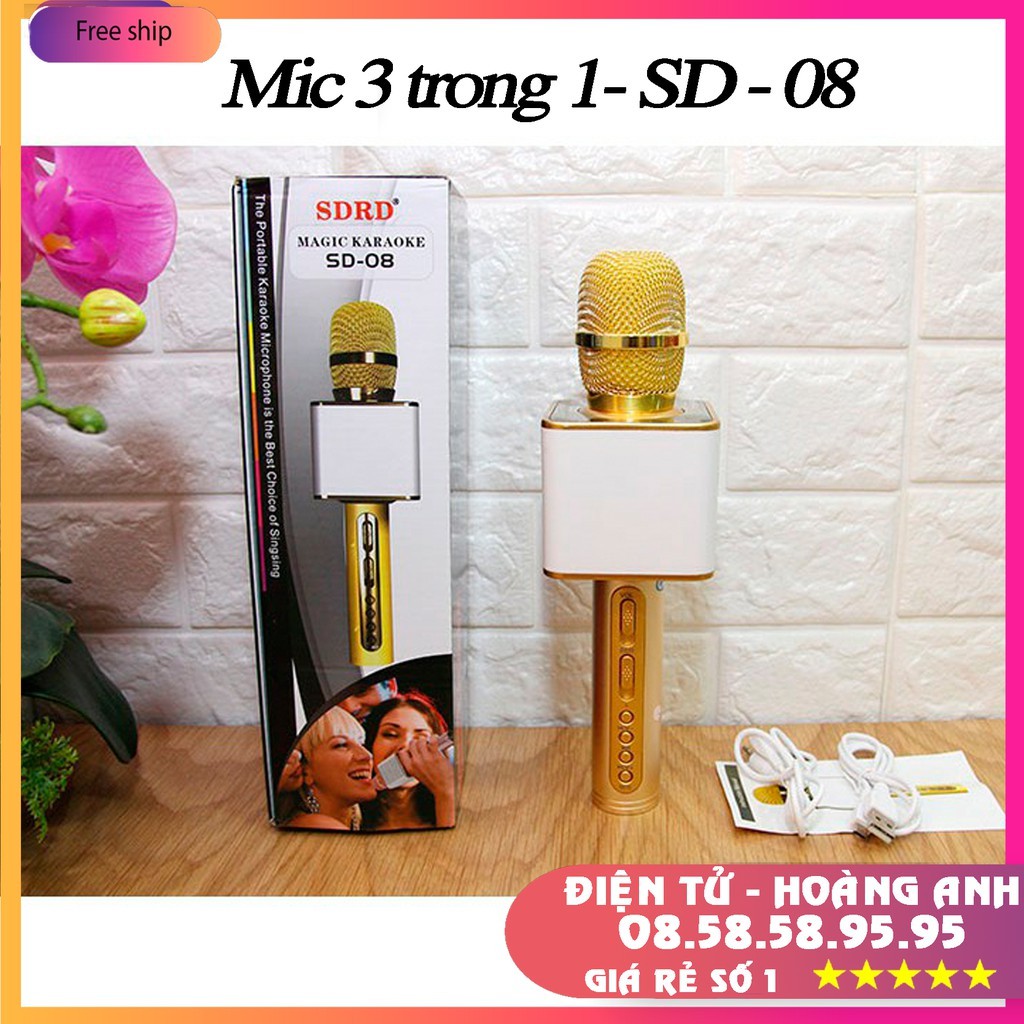 Mic hát karaoke bluetooth SD08 3 in 1 loa to Mic Bass cực chuẩn, có khe thẻ nhớ