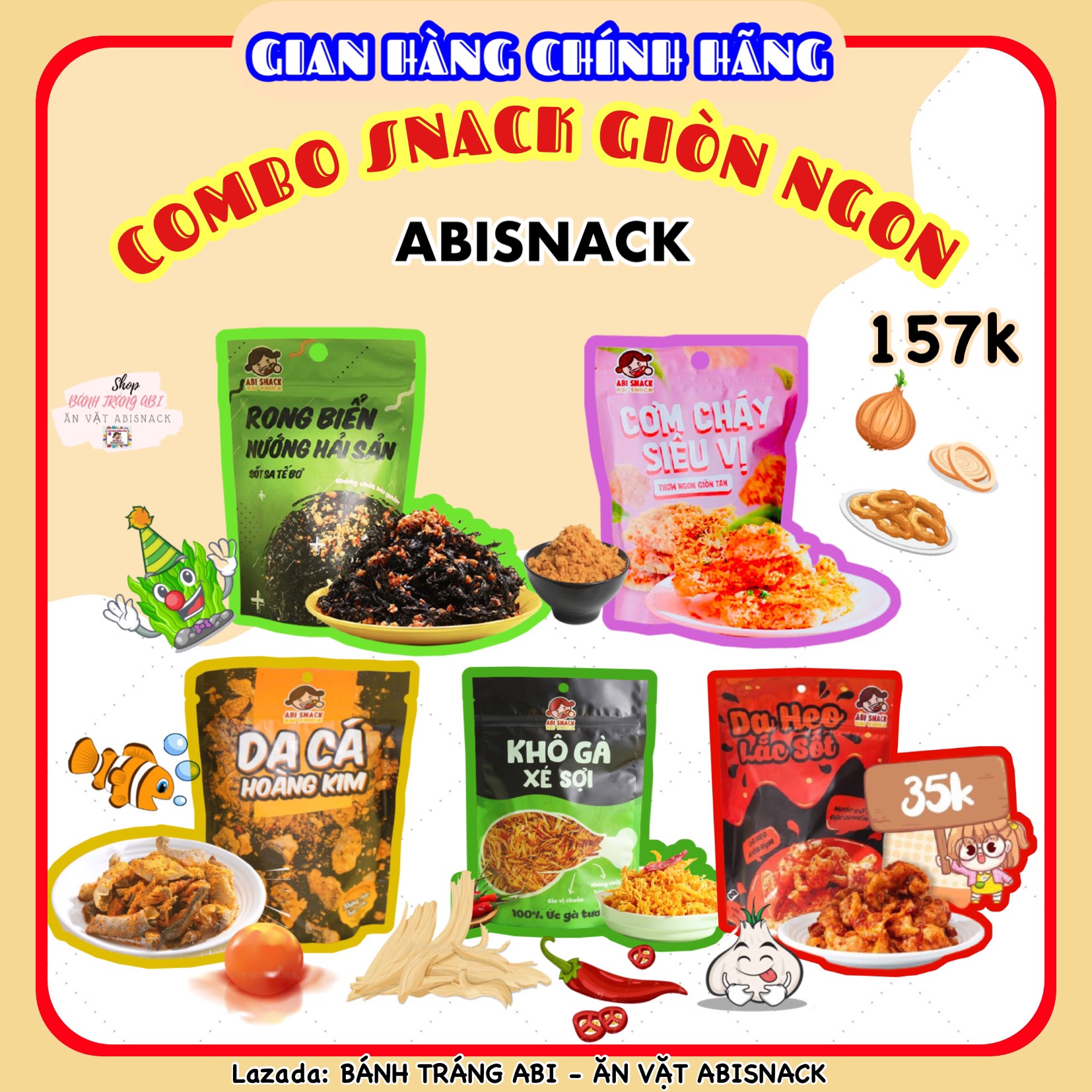 Combo snack 5 món da cá, da heo, cơm cháy, khô gà, rong biển Abi