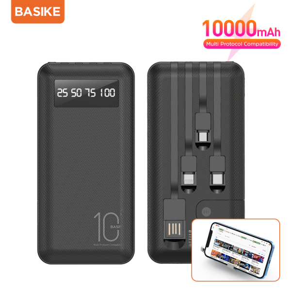 Pin sạc dự phòng 10000 mAh với cáp có giá đỡ điện thoại dành cho iPhone Xiaomi VinSmart Huawei thiết kế nhỏ gọn tiện lợi BASIKE(PT113P)