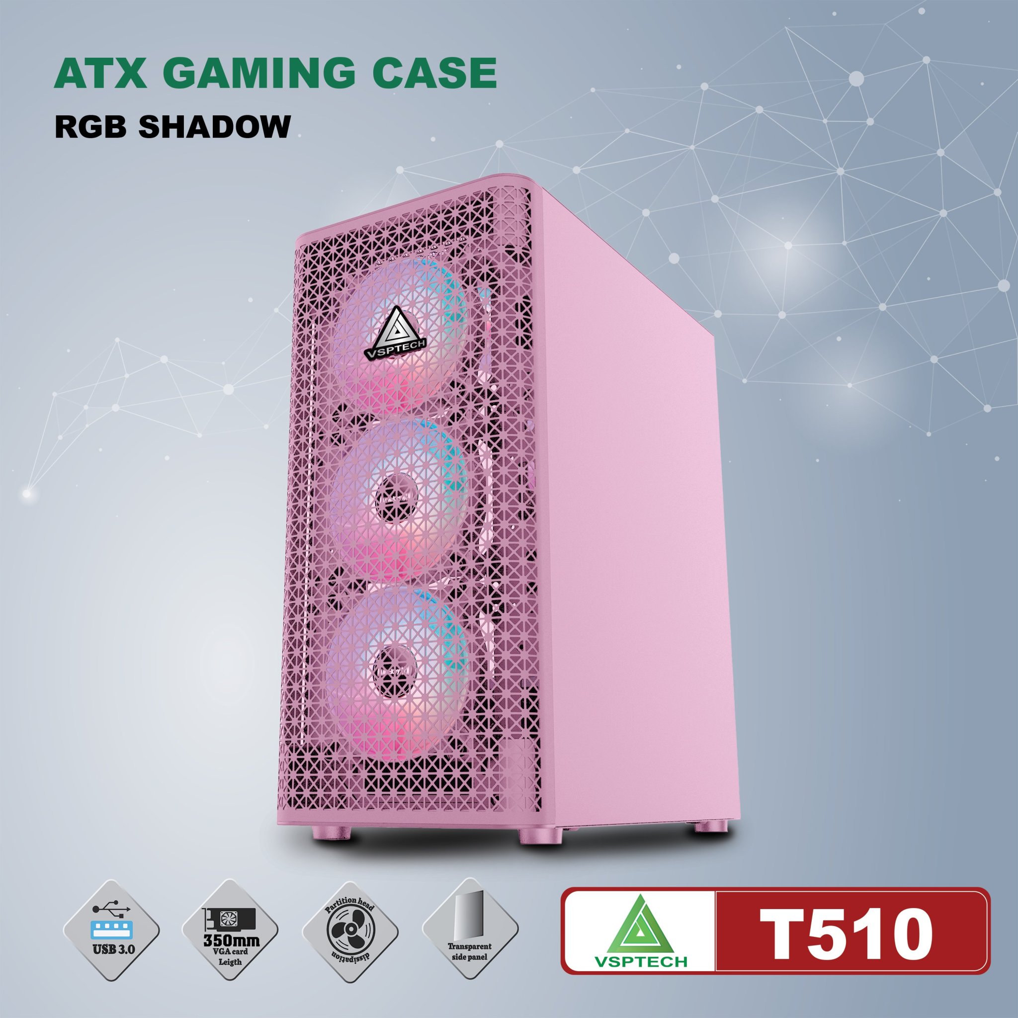 Case VSPTECH T510 Full ATX (Black - Pink)