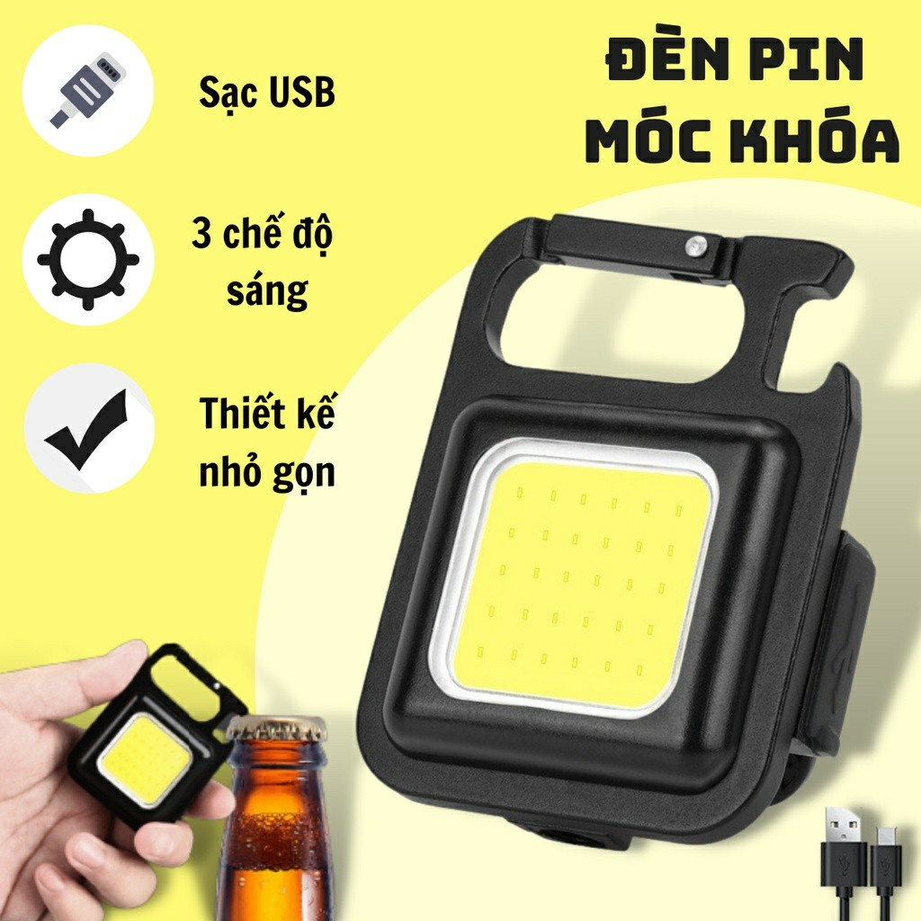 Đèn led siêu sáng cob mini 800 lumens pin sạc 4 chế độ đèn, đèn pin siêu sáng chống nước có móc khóa