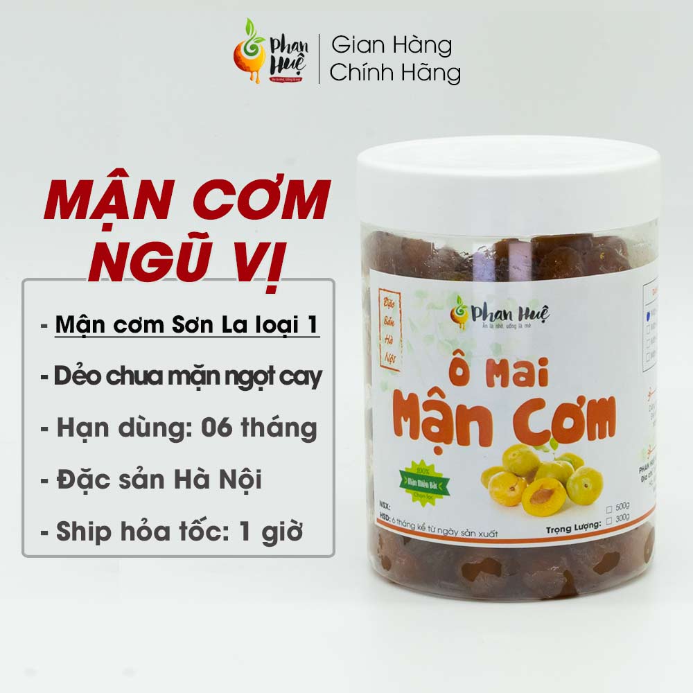 Ô mai Xí Muội Mận Cơm Ngũ Vị Hà Nội Phan Huệ hộp 500gr. Mận Cơm Tươi Miền Bắc chọn lọc. Vị chua, cay, mặn, ngọt, dẻo, ngon khó cưỡng. Ăn là mê. Đặc Sản Hà Nội