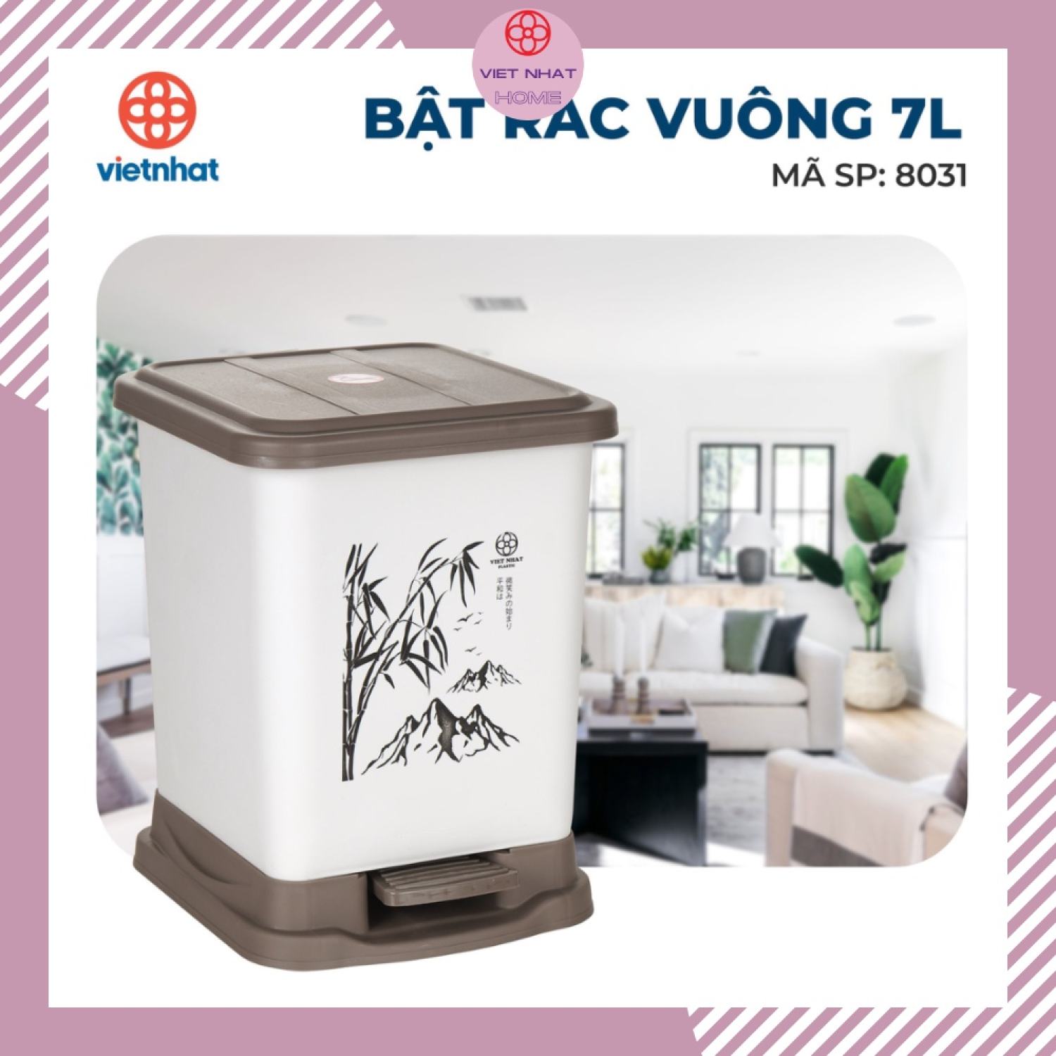 Thùng rác vuông 7l 8031, thùng rác, bật rác vuông việt nhật cao cấp việt nhật home