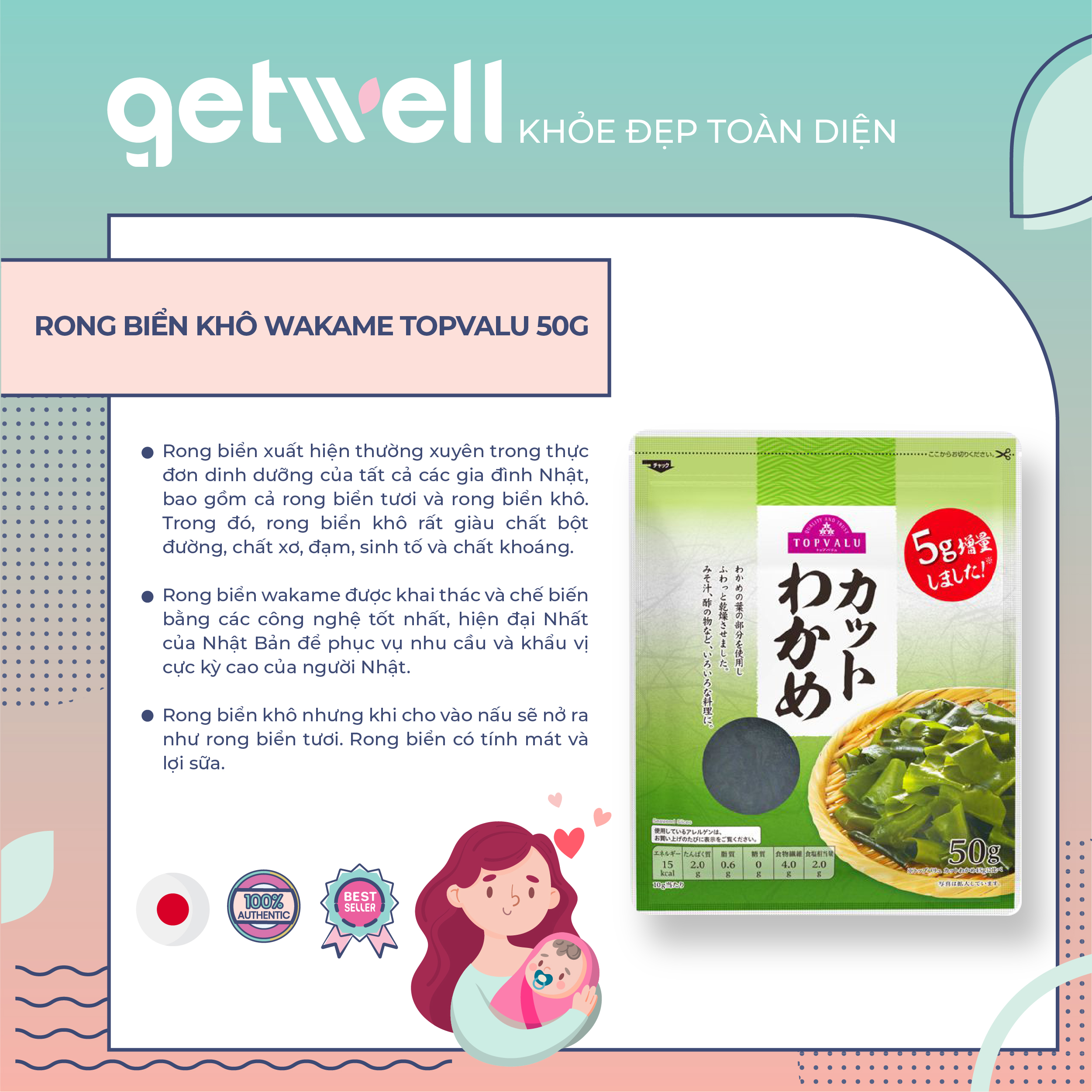 [HCM]RONG BIỂN KHÔ WAKAME TOPVALU 50G