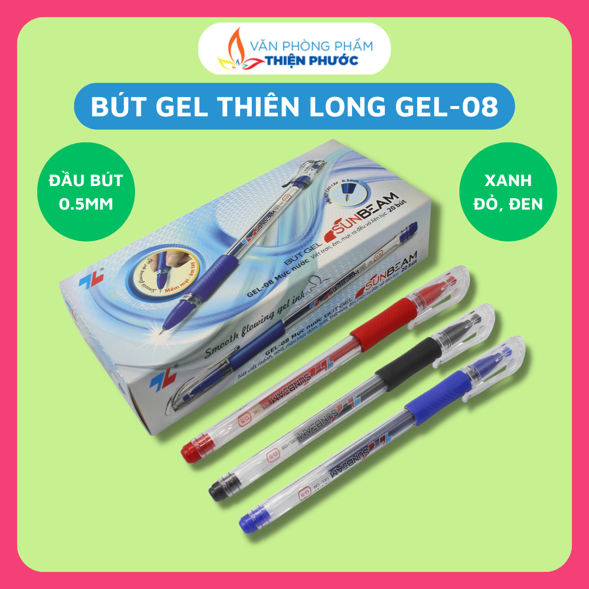Bút bi gel Thiên Long Sunbeam 08 [Hộp 20 cây] THIỆN PHƯỚC
