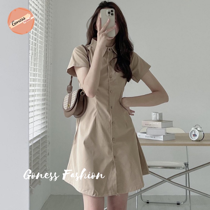 Đầm váy nữ Goness đẹp tay ngắn cổ sơmi dáng suông basic chất vải thô kaki cúc cài lưng chun chiết eo nhiều màu