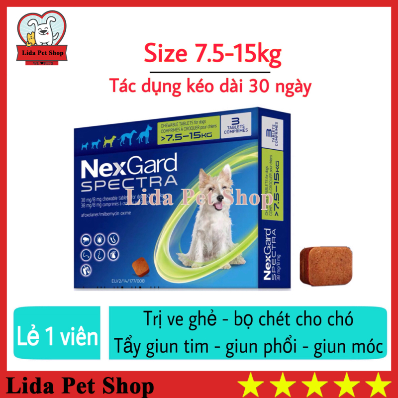 HN- NEXGARD SPECTRA Thuốc trị ve ghẻ, bọ chét, demodex, tẩy giun cho chó - Lẻ 1 viên (size 7,5-15kg) - Lida Pet Shop