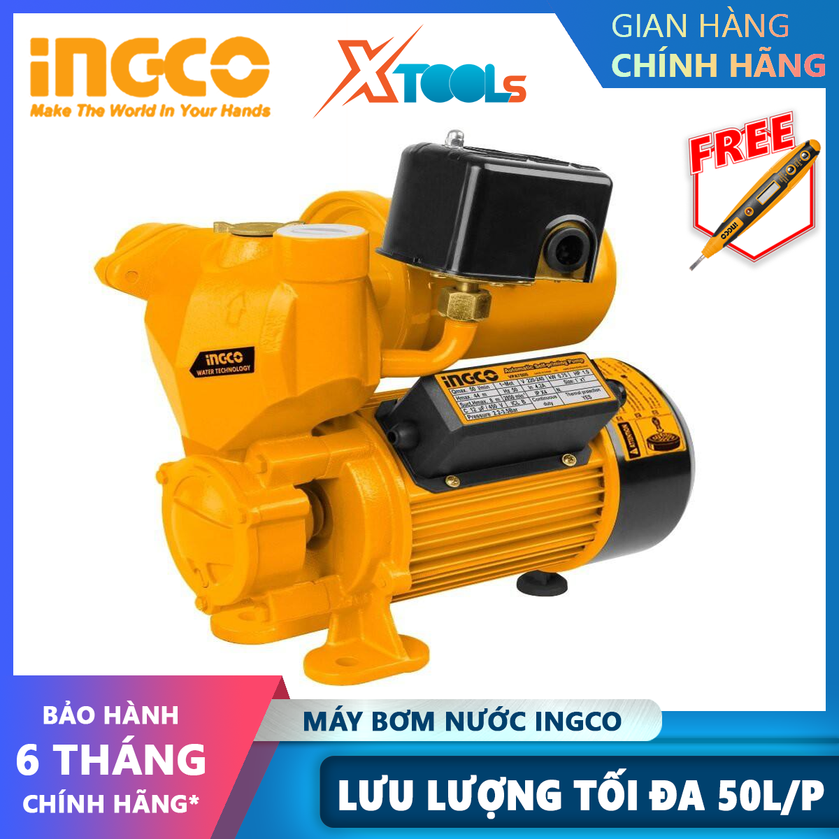 Ingco vpa7505 water pump 220-240v power 750w 44m pump height, push pump xtools