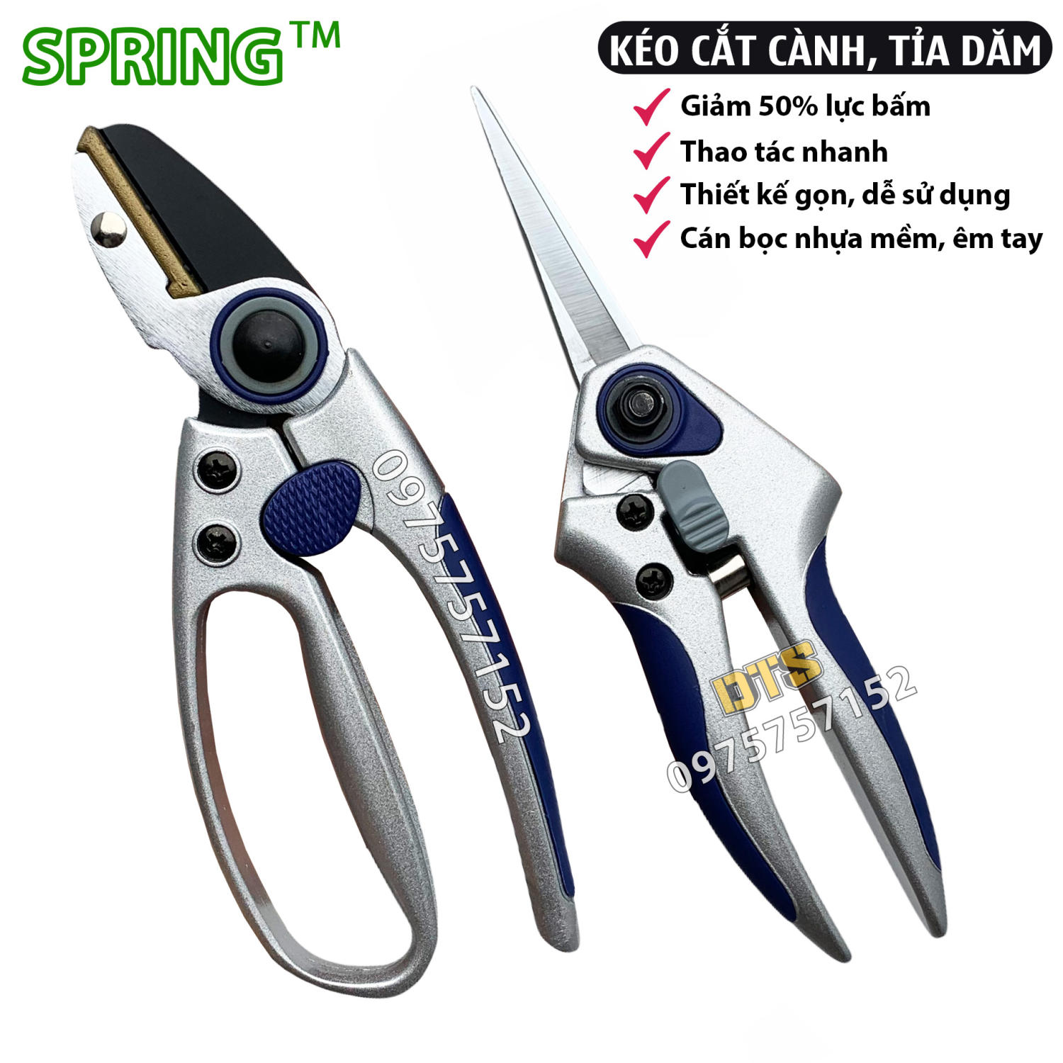 Kéo cắt cành, kéo tỉa dăm trợ lực SPRING thép Đức, lưỡi cắt siêu sắc, thiết kế tối ưu tiết kiệm 50% lực bấm, tay cầm nhôm đúc nguyên khối siêu cứng, độ bền vượt trội, kéo đa năng cắt cành, kéo cắt bonsai, kéo làm vườn