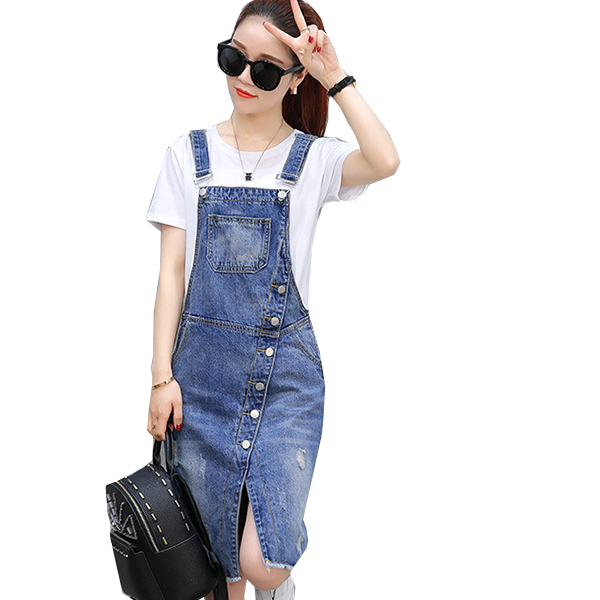 Đầm yếm jean phối nút d752