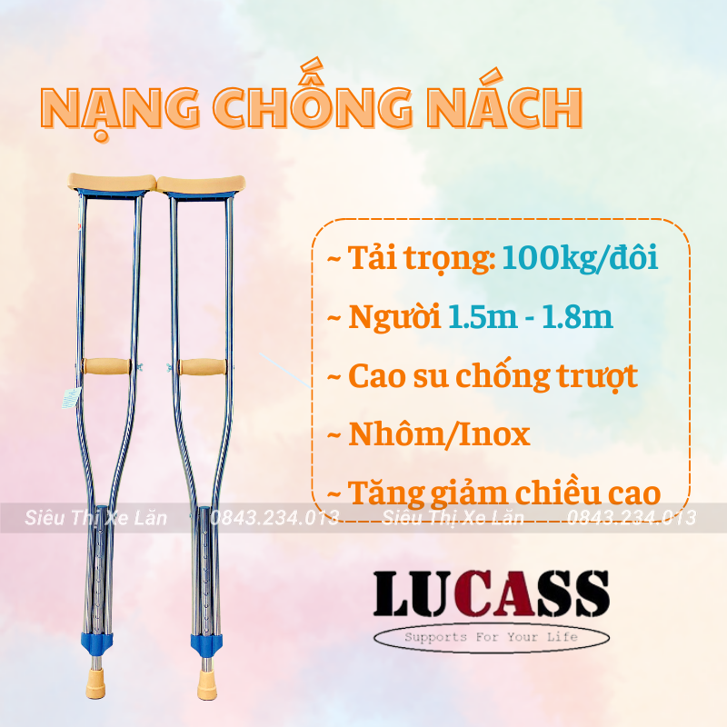 Nạng chống nách inox/nhôm lucass chắc chắn, nạng chống cao cấp cho người gãy chân, người khuyết tật