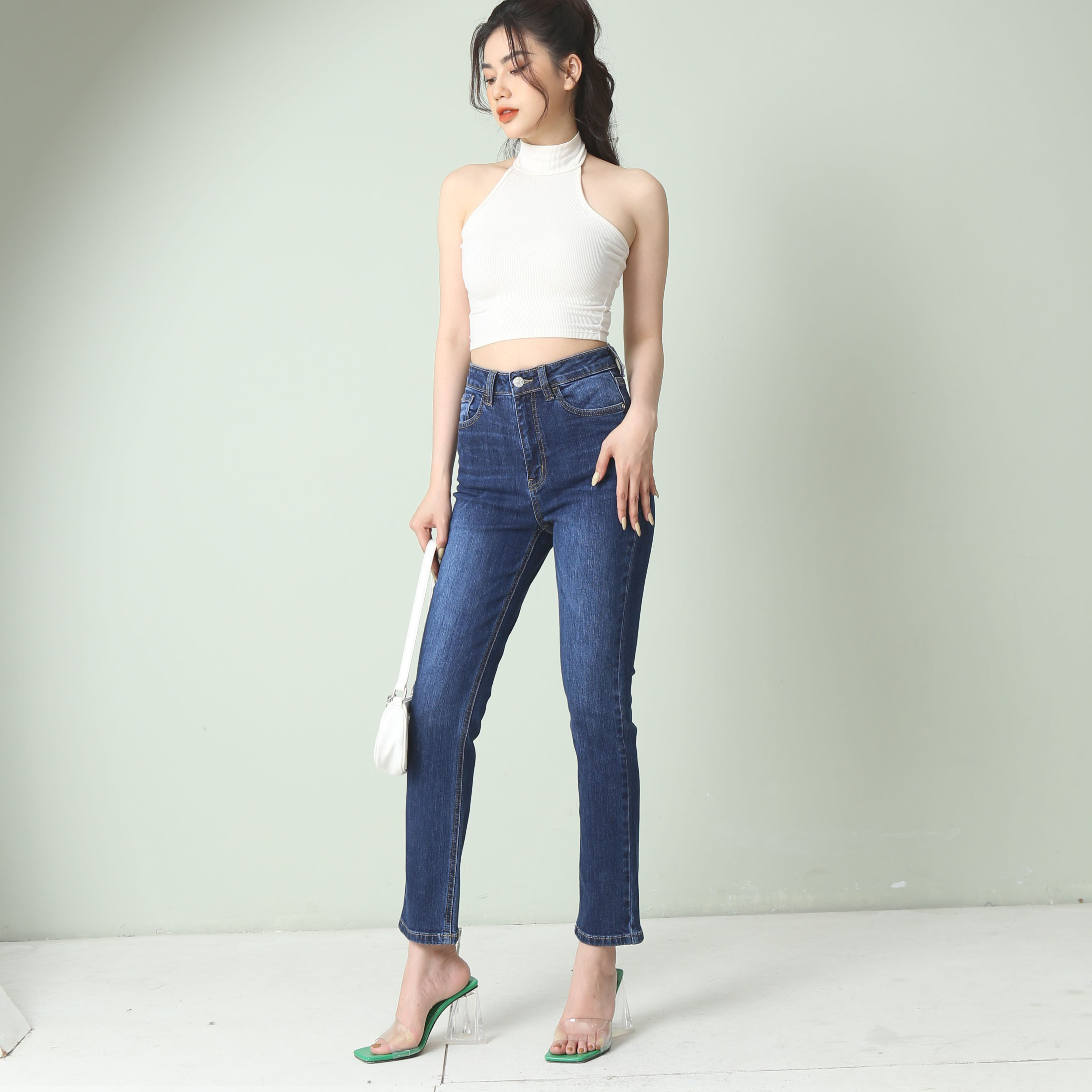 Quần jean ống đứng cạp cao basic co giãn 4 chiều CP07, CT JEANS