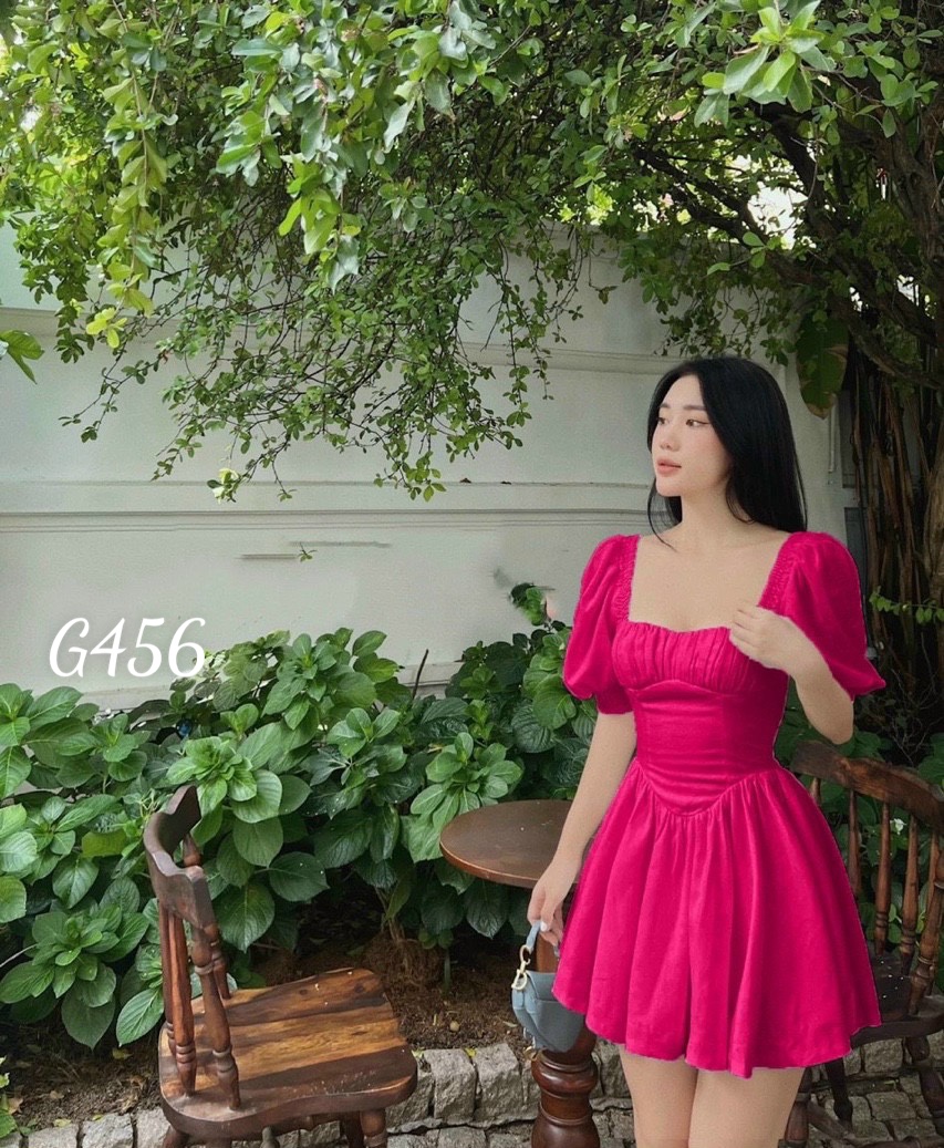 Đầm xoè nhúng tay bo chun cổ vuông xếp ly chất liệu voan lụa G456