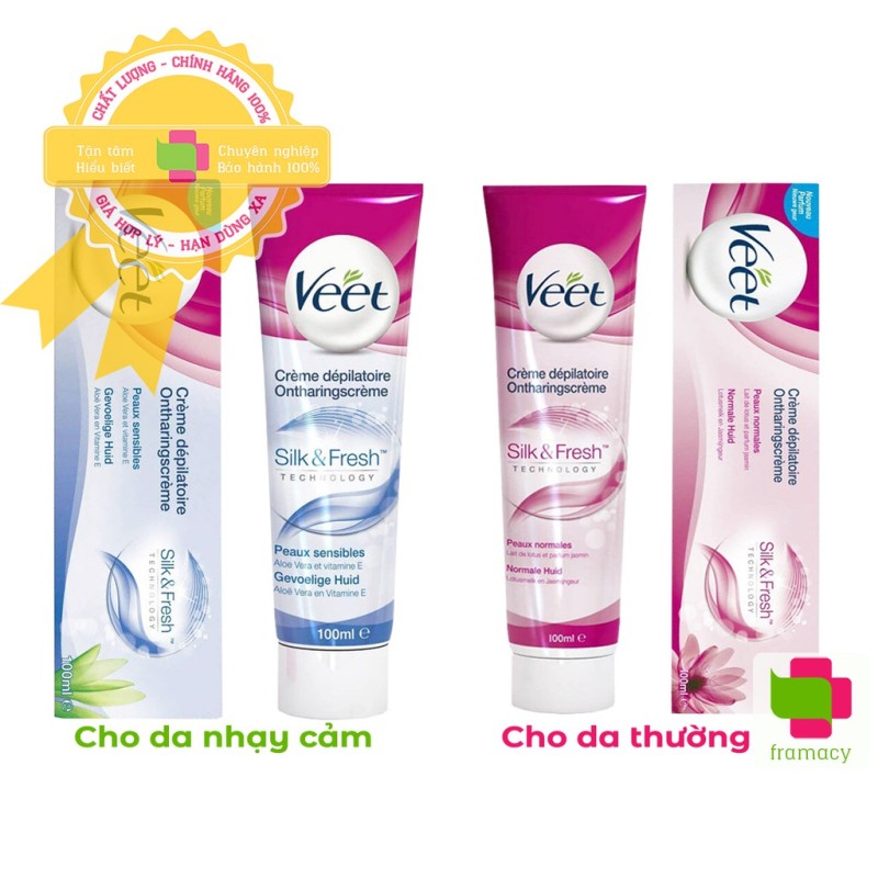 Kem tẩy lông Veet Silk & Fresh, Pháp (100ml) cho da thường (hồng) và da nhạy cảm (xanh dương) cao cấp