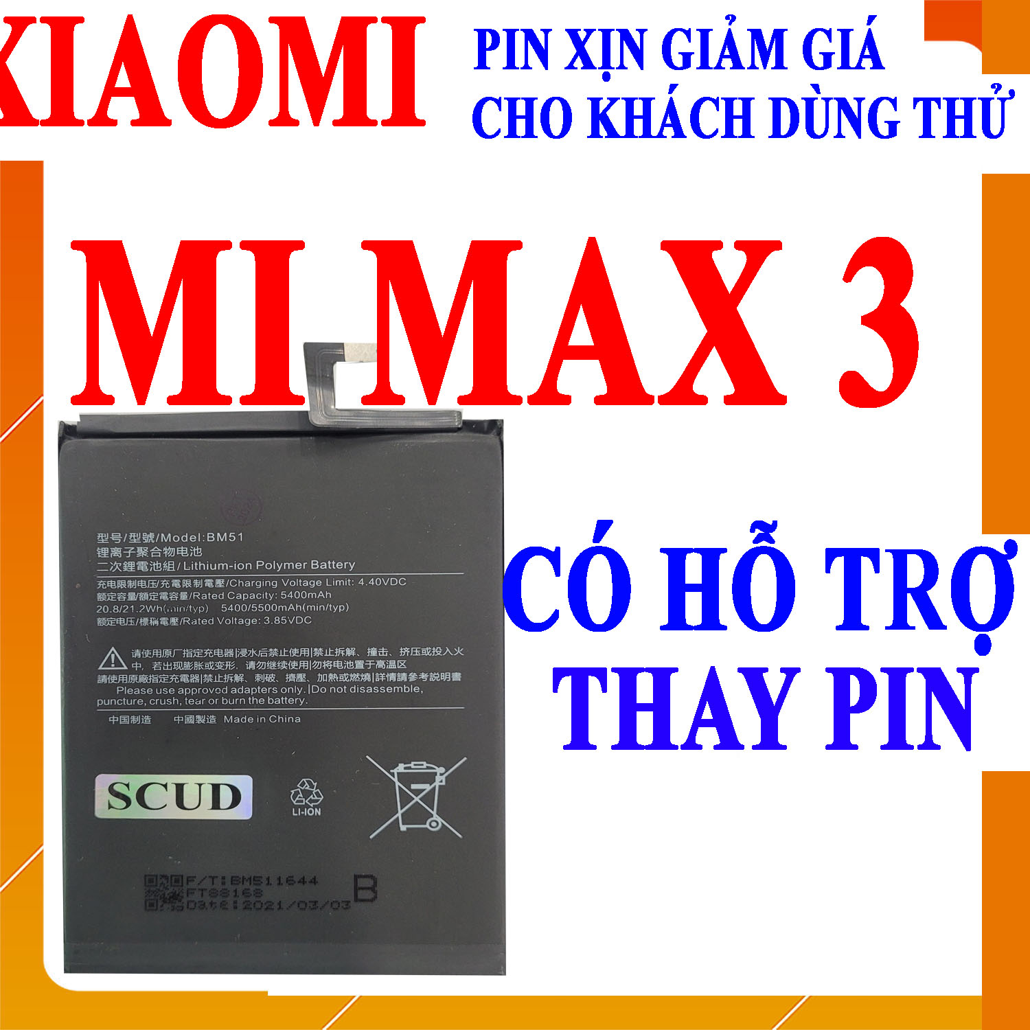 Pin scud cho xiaomi mi max 3 bm51 dung lượng 5500mah