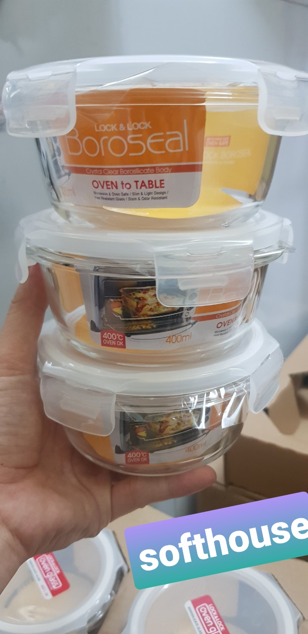 Set 3 thố lock and lock thủy tinh tròn 400ml LLG821