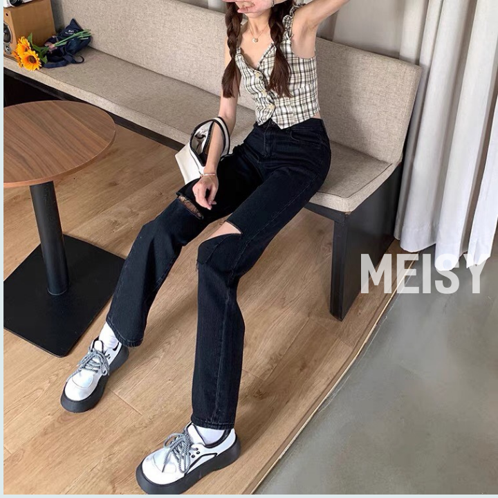 Quần jeans đen rách gối dáng ống suông basic (Meisy)