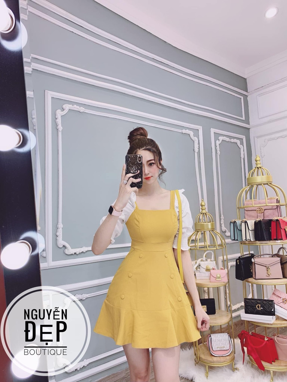 Đầm xờ cổ vuông phối tay phối nút tiểu thư TTSA0096