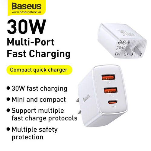 Củ sạc nhanh siêu nhỏ gọn Baseus Compact Quick Charger 30W(USB dual port +Type C,30w PD/QC3.0 Multi Quick Charge Support)