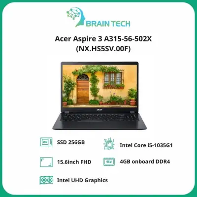 [Freeship] Laptop Acer Aspire 3 A315-56-502X 15.6inch FHD IPS (NX.HS5SV.00F)/ Core i5-1035G1/ RAM 4 GB DDR4/ 256GB SSD/ 2 Cell/ Win 10H/ Black -Braintech- BR103 Hàng Chính Hãng, Thiết Kế Mỏng Nhẹ, Cấu Hình Ổn Định Dùng Cho Văn Phòng, Thiết Kế