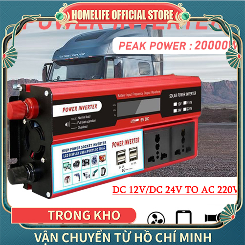 Biến tần 24v sang 220v, biến tần 24v sang 220v sin chuẩn, bộ chuyển đổi di động để sửa xe có 4 usb