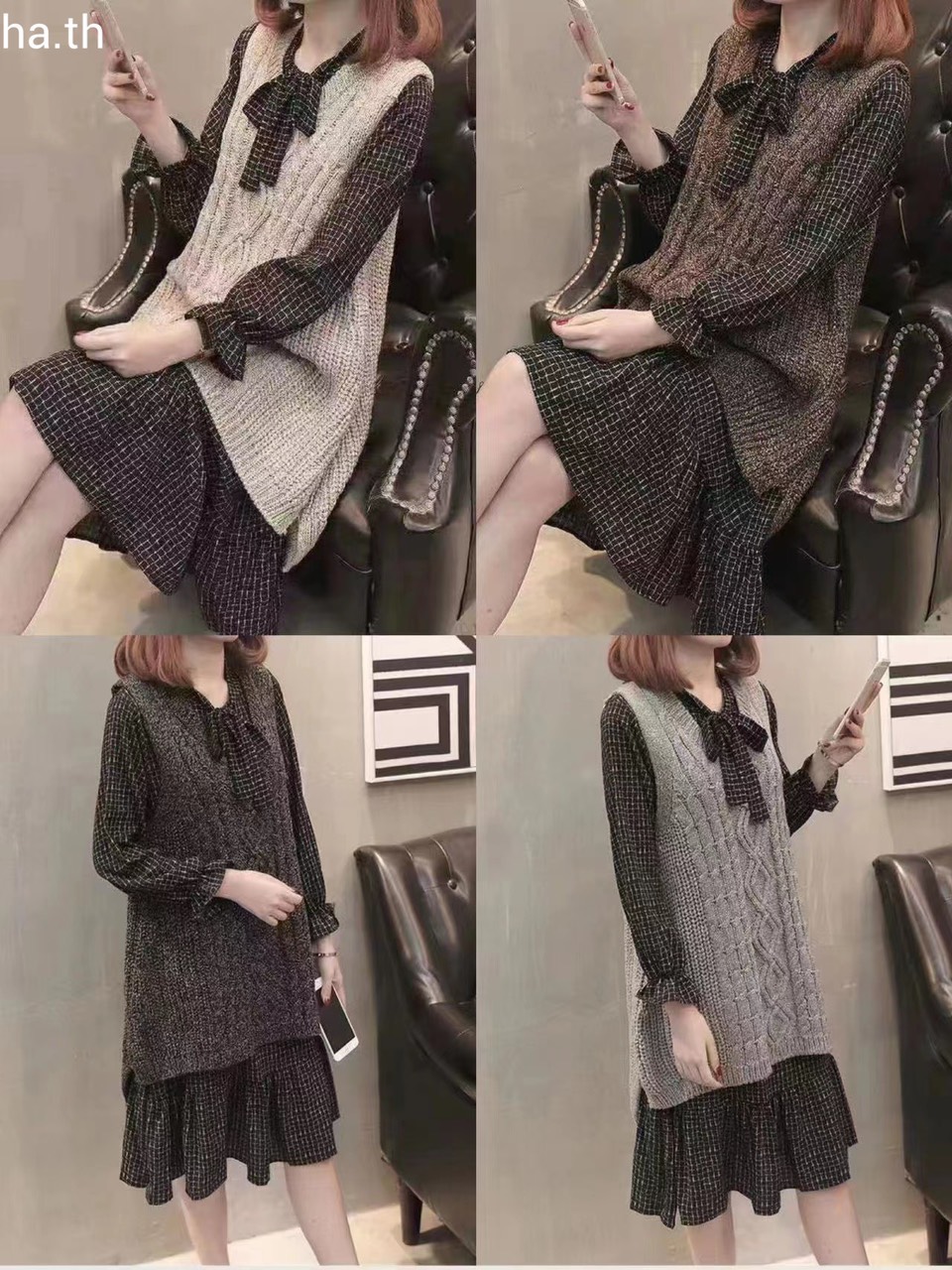 Set áo len gile váy đuôi cá cổ nơ