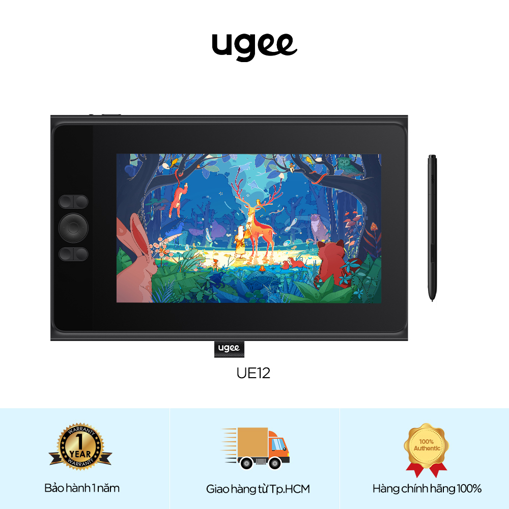 Ugee E12 Màn hình bút vẽ màn hình  11,6 inch với màn hình nhiều lớp Gam màu rộng 124% sRGB với bút cảm ứng độ nhạy áp suất 16K cấp độ không dùng pin, 8 phím tắt do người dùng xác định