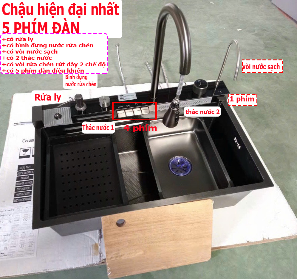 Chậu 5 phím đàn+vòi chậu rửa chén bát 1 hộc cao cấp và vòi rút hiện đại,chậu phủ nano đen chống trầy n20 7546