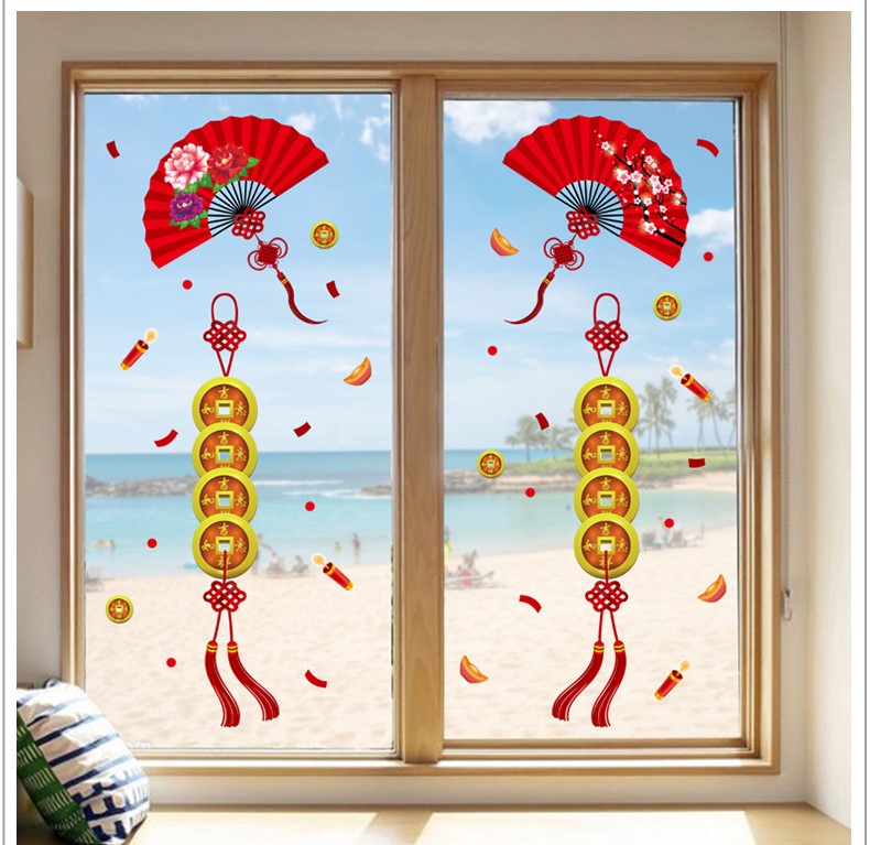 TẾT Decal trang trí tết 2021 - Dây Quạt đỏ đồng Xu may mắn- Trang trí cửa kính nhà cửa