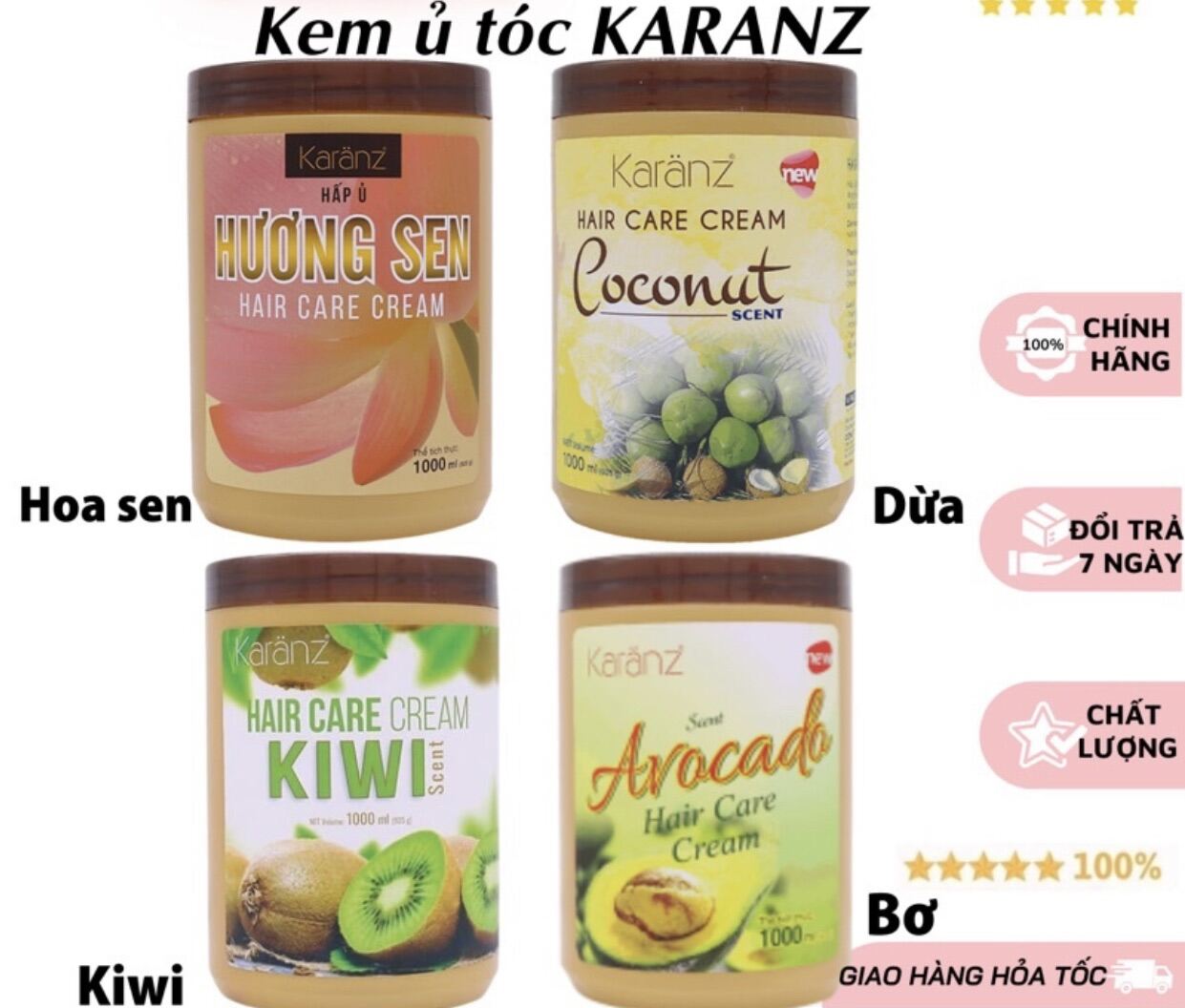 Hấp ủ tóc kazan cao hương dừa - sen - bơ - kiwi kazan 1000ml, mềm mượt tiết kiệm