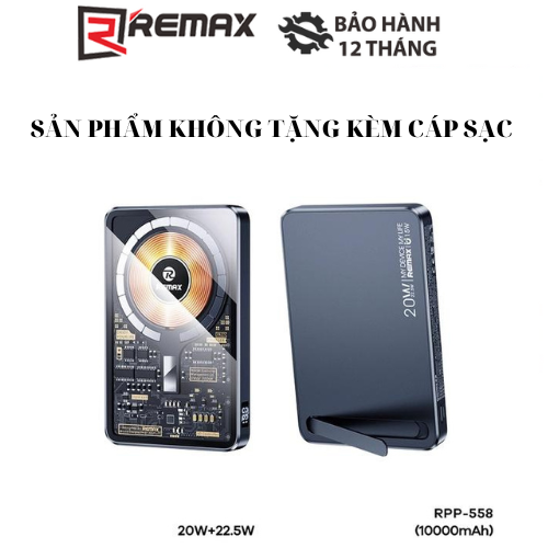 Sạc Pin Dự Phòng Kiêm Đế Sạc Nhanh Không Dây Từ Tính Remax RPP-558 10000mAh QC3.0 PD max 22.5W thiết kế trong suốt tích hợp giá đỡ.bảo hành 12 tháng