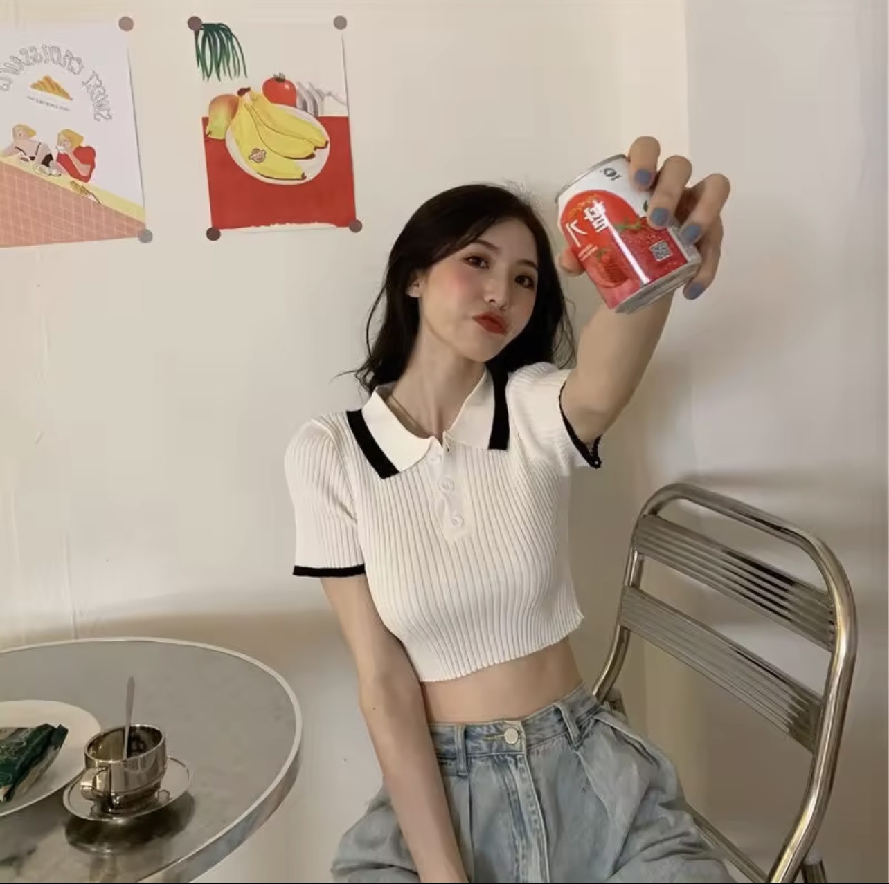 Áo Thun Nữ Áo Kiểu Nữ Cổ Lá Phối Nút Vải Gân Co Giãn Tốt Ôm Body mềm mịn mát phối đồ siêu xinh đi cafe đi chơi đều xinh