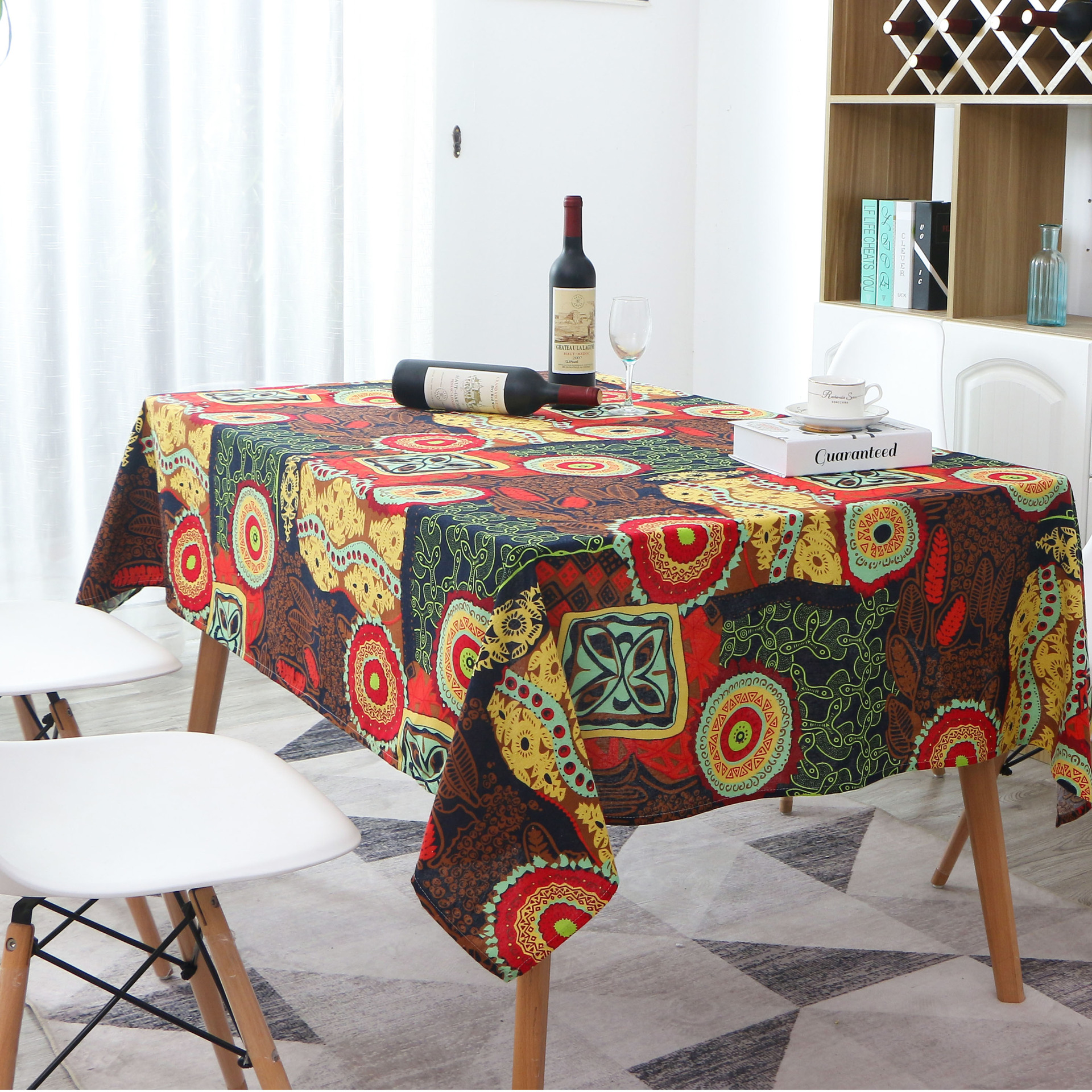 Khăn trải bàn bố gai boho cổ điển đốm tròn