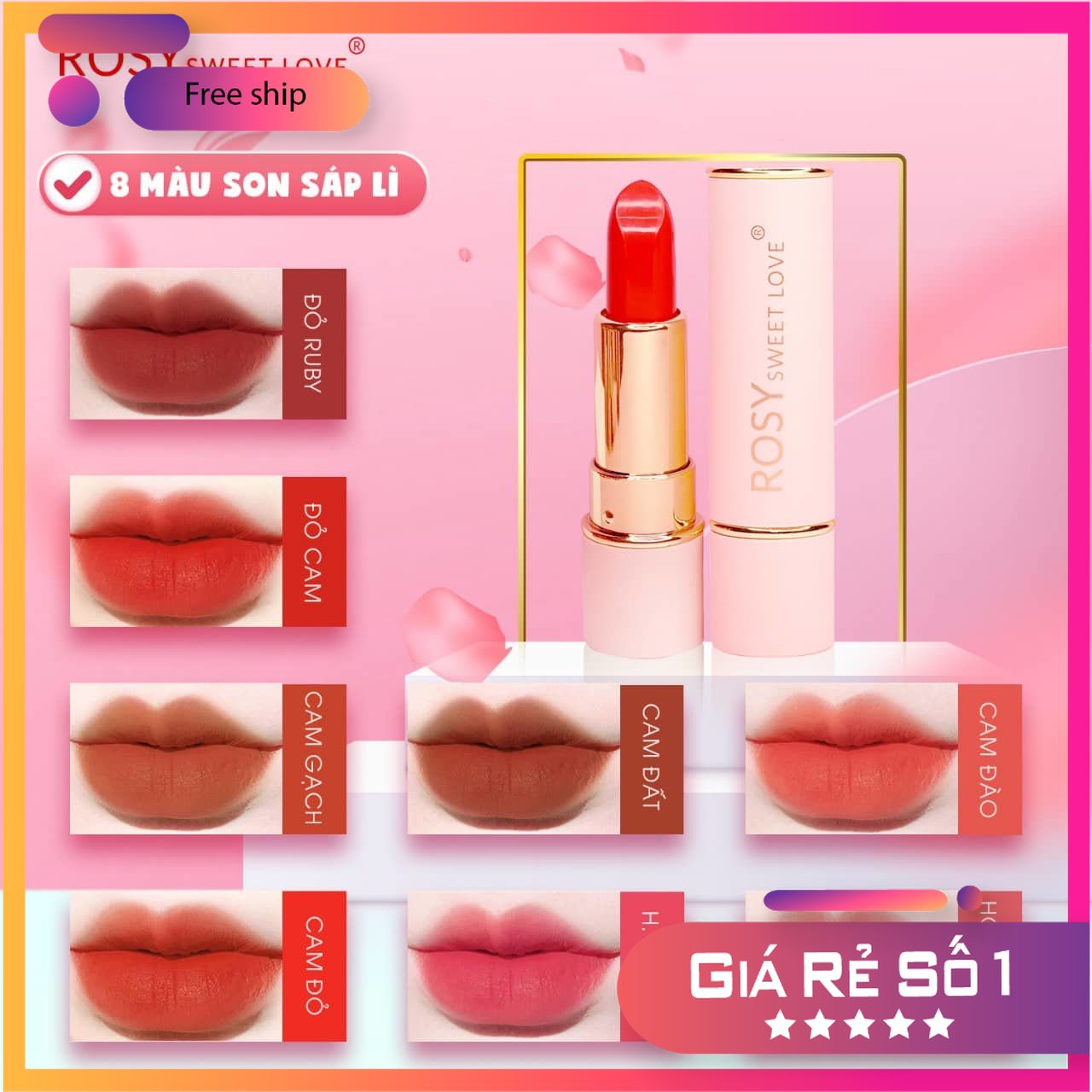 Son thỏi rosy 8 màu công nghệ hàn quốc - bền màu , mềm môi , ko lem trôi