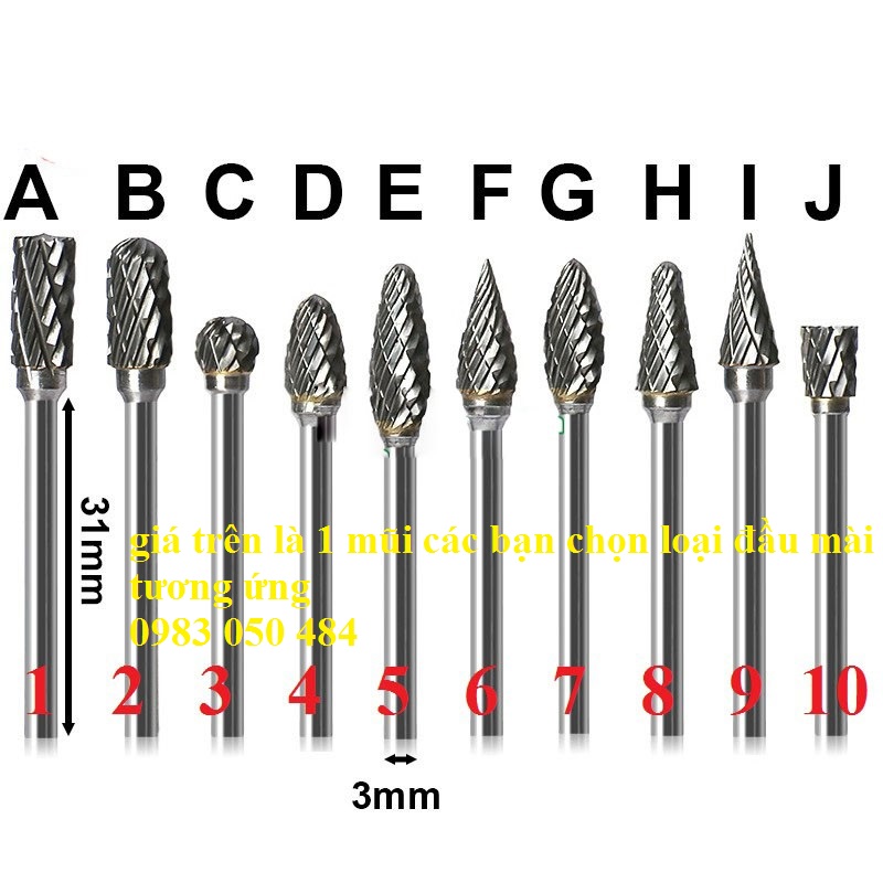 1 mũi mài khắc phay gỗ nhựa - 1 Mũi Khoan Vonfram 3mm đầu 6mm chất liệu thép