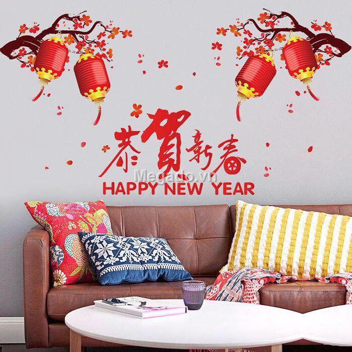 decal dán tường mẫu cành đào lồng đèn 2 bên