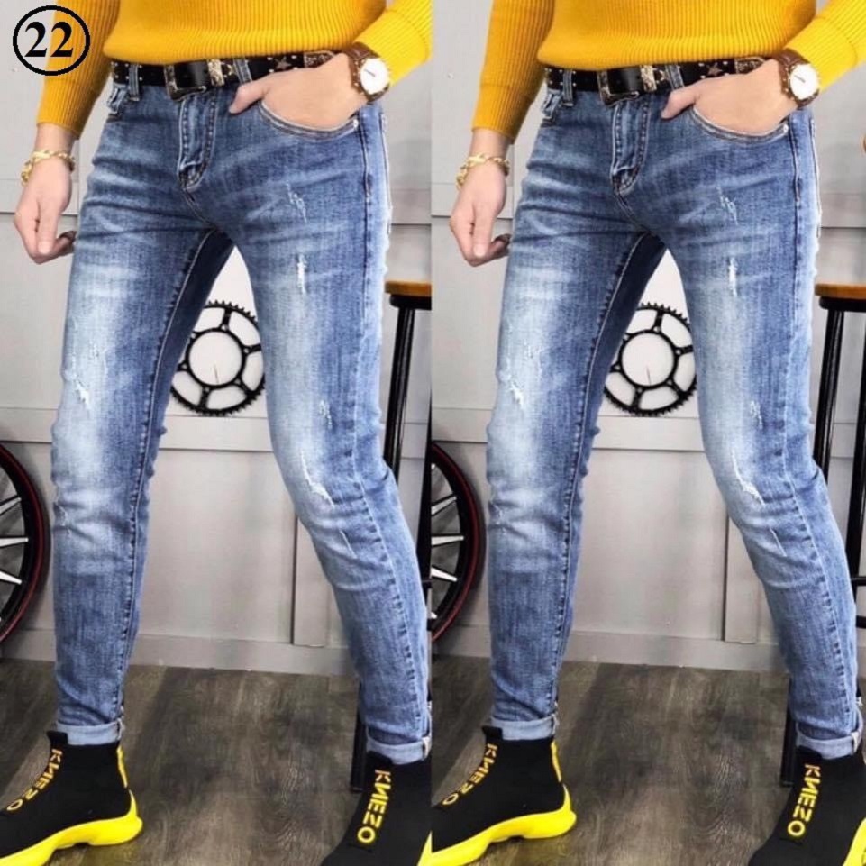 Quần jean nam dáng skinny quần bò nam ống côn cào rách nhẹ