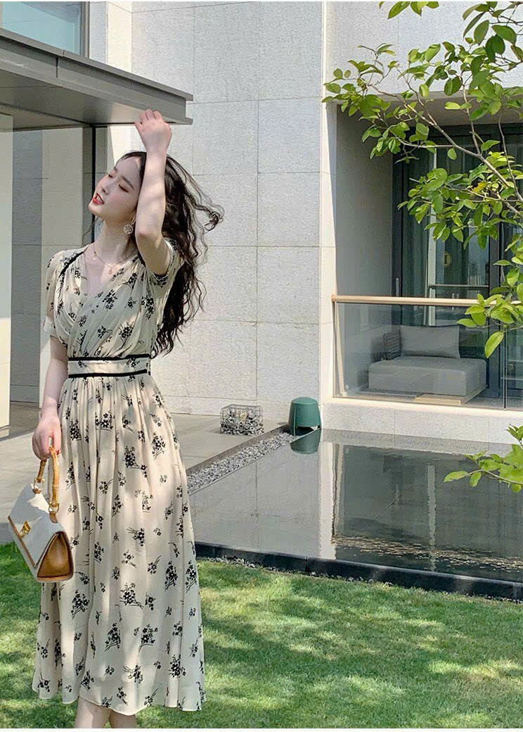 [Mới] Đầm Xòe Phối Viền Eo Tay Phồng
