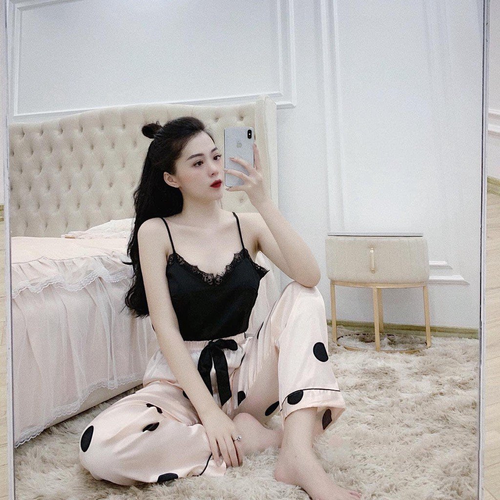 Bộ Đồ Lụa Mặc Ngủ-Set Đồ Ngủ Áo 2 Dây Phối Quần Dài Chấm Bi