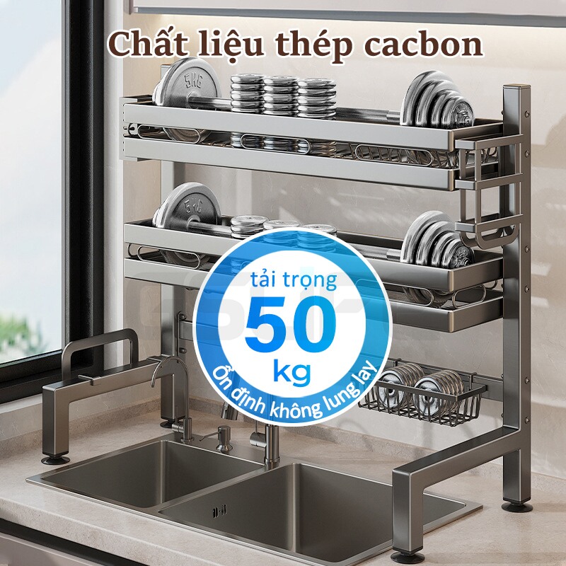 GSlife kệ chén bát 1/2 tầng Thép Carbon kệ bếp đa năng trên bồn rửa Kệ chén đĩa chống han gỉ Giá Để Đồ Chén Đĩa Trên Bồn Rửa Bát Sơn Đen Cao