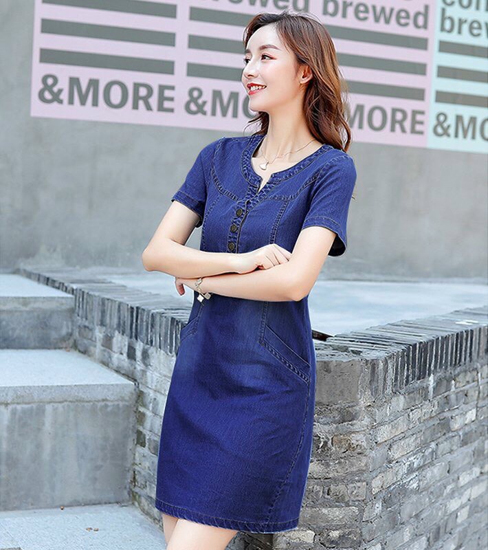 [HCM]Đầm Jean Suông Phối Túi Cổ V Thời Trang có Big Size