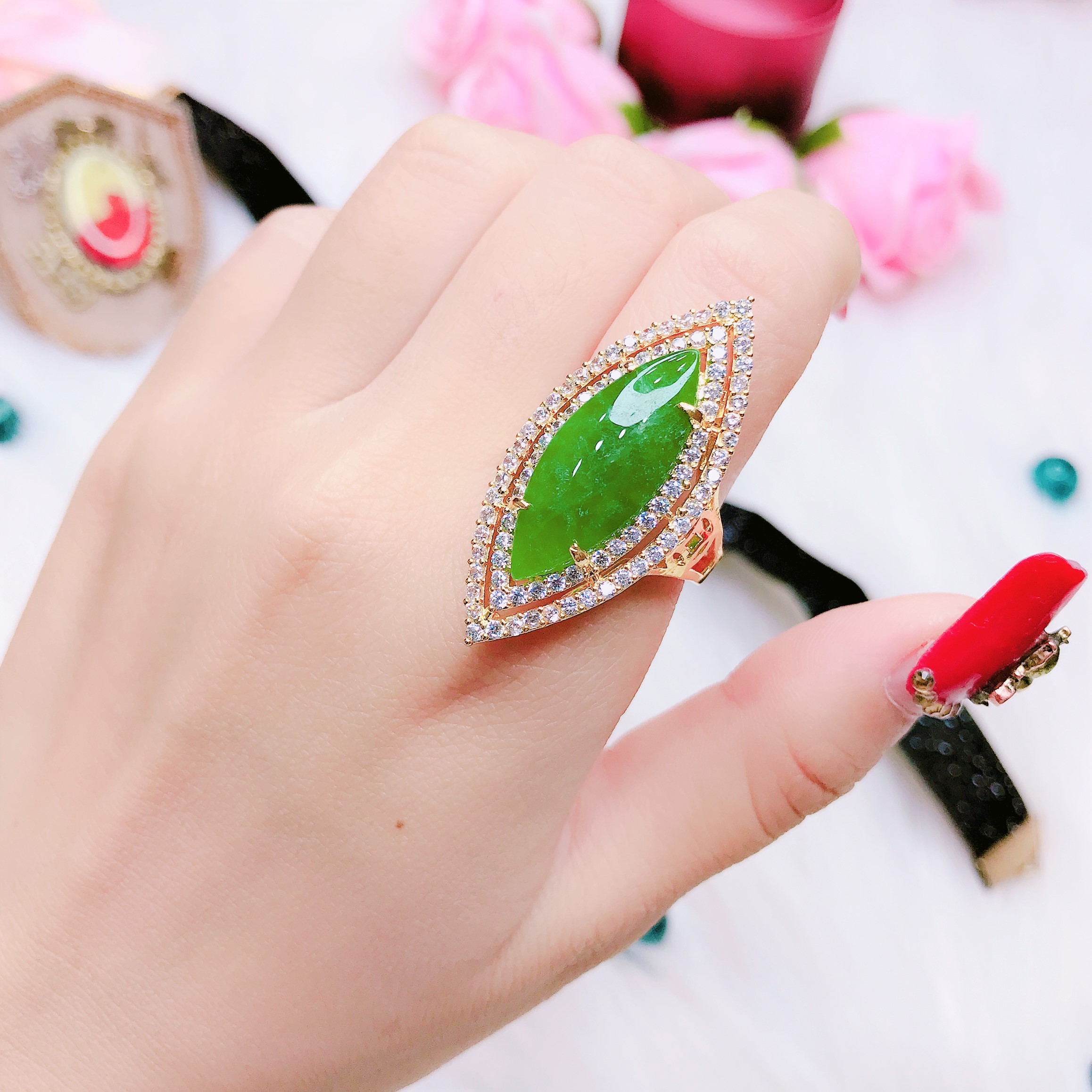 Nhẫn nữ, nhẫn nữ đẹp mạ vàng đá cẩm thạch xanh ngọc 55r hình hột dưa đính đá pha le cao cấp  sáng lấp lánh lung linh thiết kế sang trọng nữ tính Trang Sức Gado N073 - đeo làm công sở cực sang chảnh và quý phái