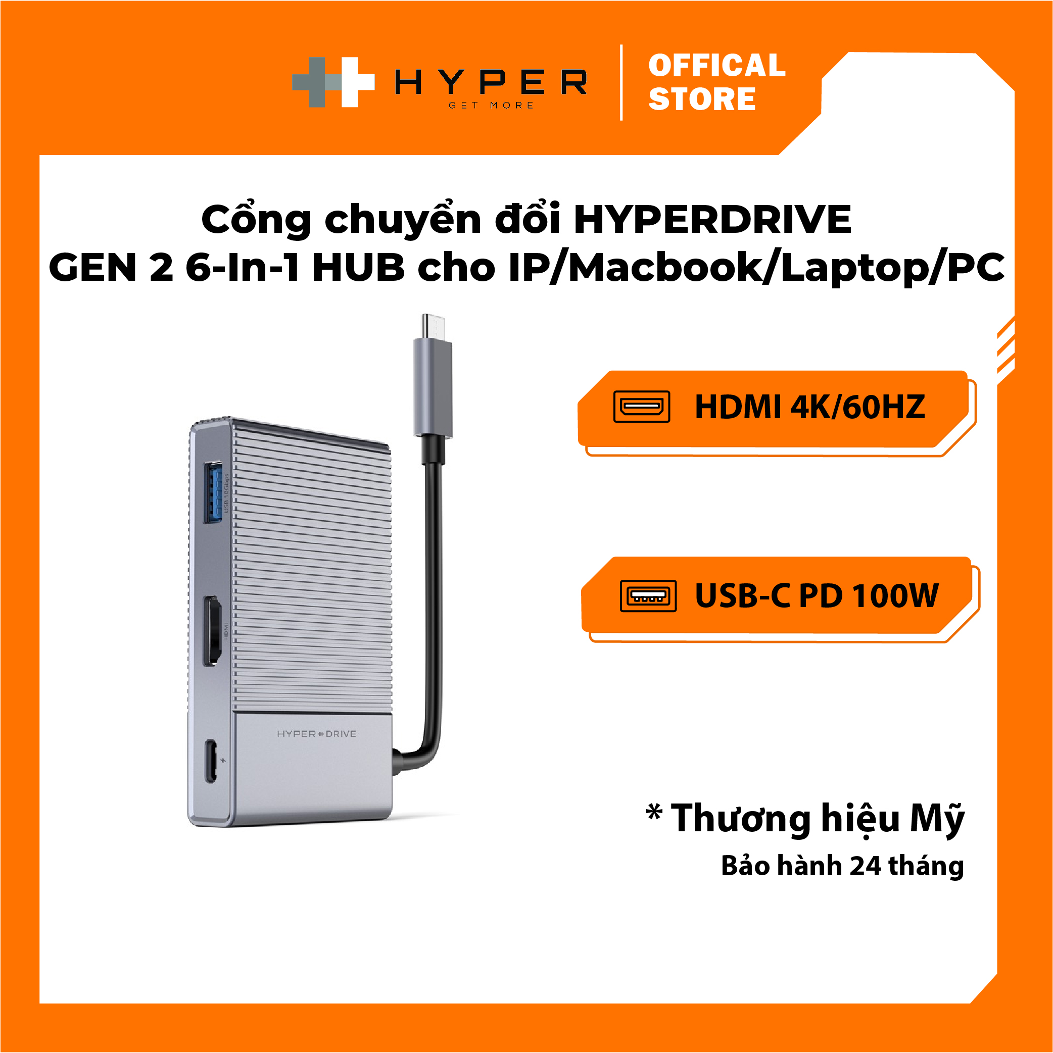 CỔNG CHUYỂN HYPERDRIVE GEN2 6-IN-1 FOR MACBOOK, IPAD PRO 2018-2020, PC & DEVICES (G206)