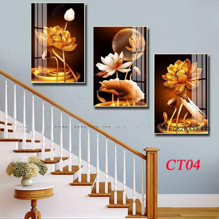 [Xưởng tuyển đại lý] - Bộ tranh phủ kim sa ánh kim 3 bức treo cầu thang có khung phong cách hiện đại
