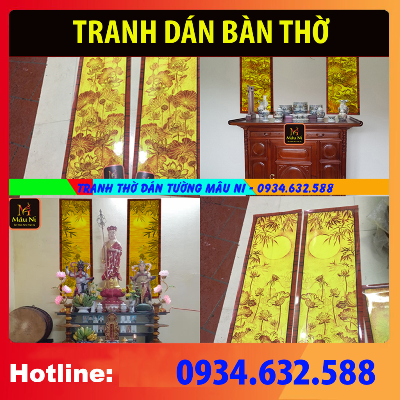 TRANH THỜ DÁN BÀN THỜ Kt 41cmx127cm - Sen Đài - Dán Phòng Thờ, Vách Thờ, Bàn Thờ, Tượng Thờ Tranh Trúc Chỉ In [ Lư nhang đồng, nhang cuốn tàn, Bát hương hứng nhang, bát nhang, bát nhang thờ, Lư nhang đồng, nhang đốt bàn thờ, nhang thần tài