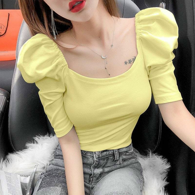 Áo thun gân len tay phồng cổ vuồng