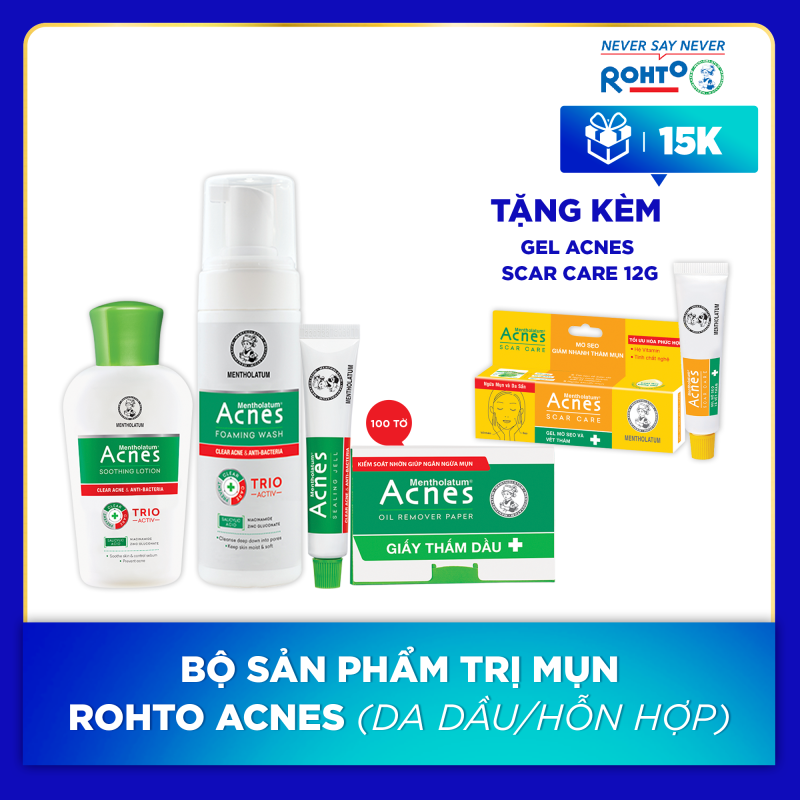 Bộ sản phẩm cho da mụn Rohto Acnes (da dầu/hỗn hợp) + Tặng 1 Gel mờ vết thâm, liền sẹo Acnes Scar Care 12g giá rẻ